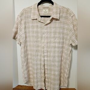 Men's Short-Sleeve Plaid Button-Down Shirt in Cream Cotton Linen Blend L.